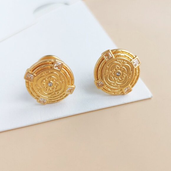 Julie Vos Astor Collection. Gold Cubic Zirconia Disc Stud Earrings - Picture 1 of 3
